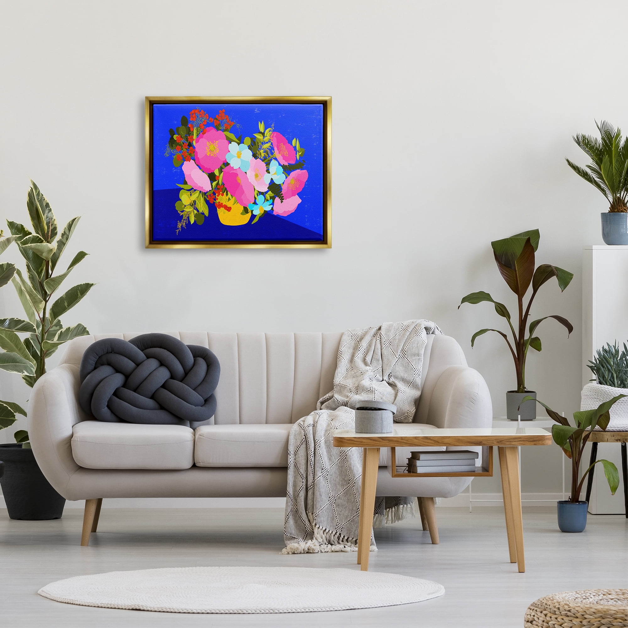 Stupell Industries Vivid Pink & Blue Bouquet Botanical & Floral Painting Gold Floater Framed Canvas Art Print Wall Art, 31 x 25