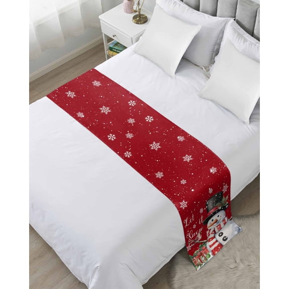 Bed Runner for King Size, Red Snowman Christmas Decorative Scarf Throws for Foot of Bed, Winter Snowflake Xmas Gifts Luxury Bedding Protector Slipcover Bedrunners for Hotel/Home, 94 x 20 Inch