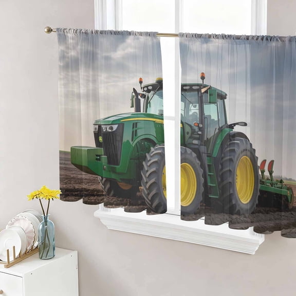 Farm Tractor Semi Sheer Curtains 45 Inch Length 2 Panels Set, Green Truck Country Rustic Field Harvester Sheer Kitchen Curtain Privacy Voile Window Curtain for Living Room Bedroom Rod Pocket Drapes