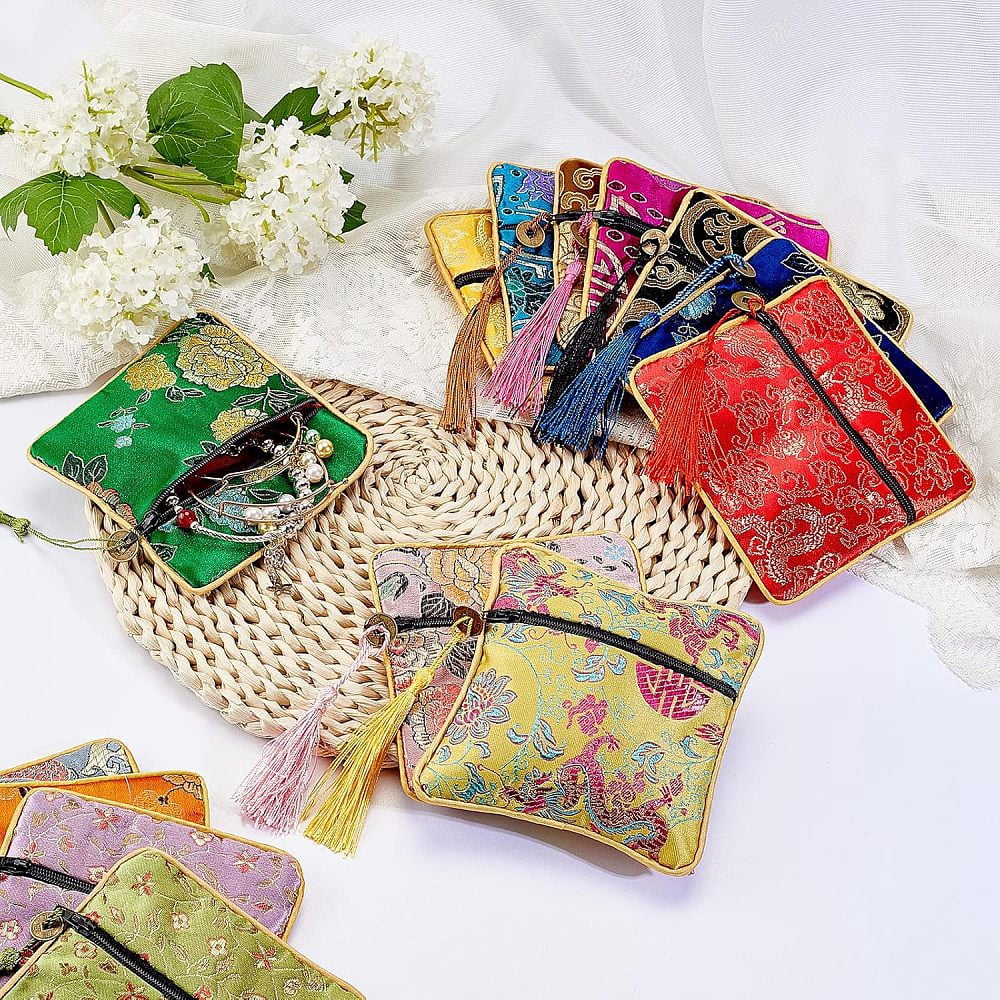 14Pcs 14 Colors Chinese Brocade Tassel Zipper Jewelry Bag Gift Pouch Square Mixed Color 11.5x11.5cm 1pc/color