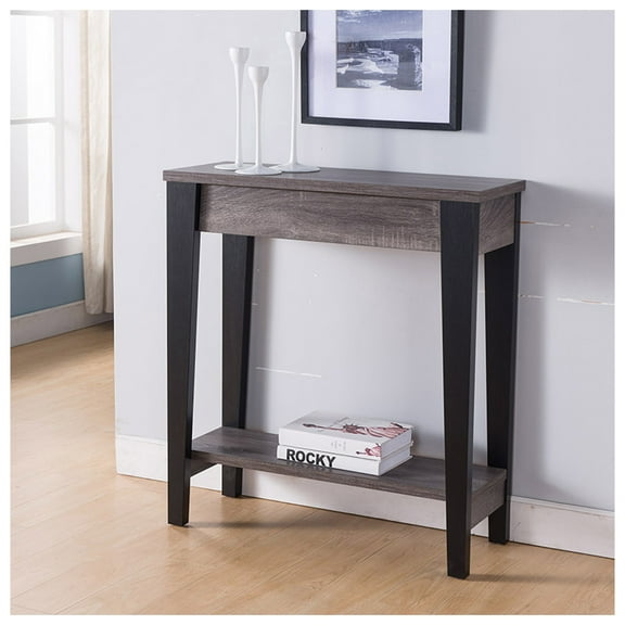 Home, Elegant Console Table, Display Table with Drawer and Bottom Shelf in Distressed Grey and Black
