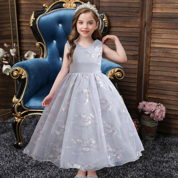 SDJMa Kids Dress Girls Sleeveless Princess Dress Bow Tie Lace Flowers Mesh Dress Tufted Dress