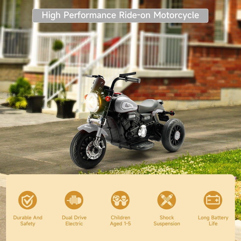 Bruce&Shark Kids Electric Motorcycle Ride-on Toy with Headlights, 3 Wheels Dual Motor Car for Children Boys Girls Gray