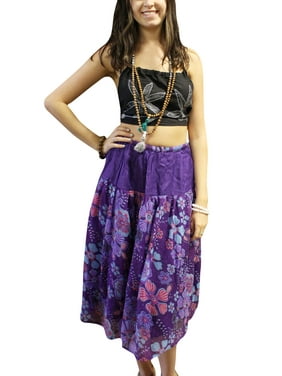 Mogul Women's Bohemian Long Maxi Skirt Floral Purple Summer Boho Style Vintage 70s Skirts ML