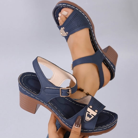 Women’s Orthopedic Platform Wedge Sandals, Leather Cushioned Open Toe Ladies Sandals with Arch Support, Anti-Slip Summer Beach Walking Footwear Blue 7.5