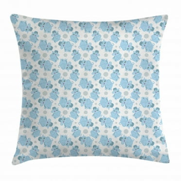 Elephant Nursery Decor Throw Pillow Cushion Cover, Cute Happy Smiling Elephants Kids Pattern with Dots, Decorative Square Accent Pillow Case, 16 X 16 Inches, Sky Blue Baby Blue White, by Ambesonne