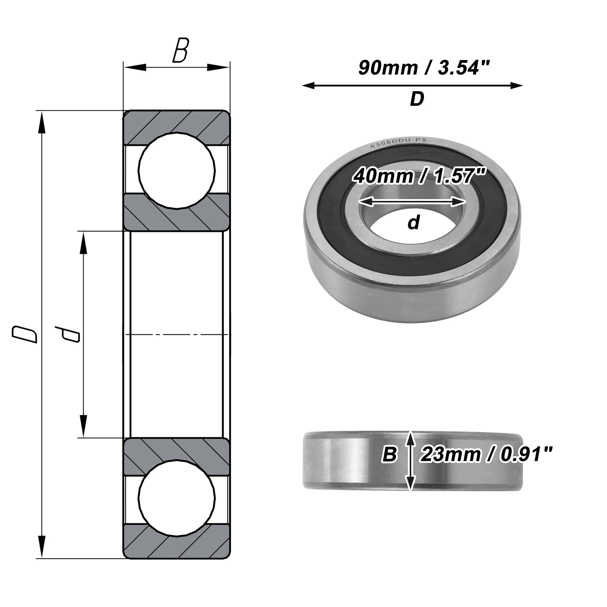 Unique Bargains 6308DDU Deep Groove Ball Bearings 40x90x23mm P5 Double Rubber Seal Lubricated Bearings 1 Pc Car Scooter Skateboard Wheel Universal Silver Tone Black