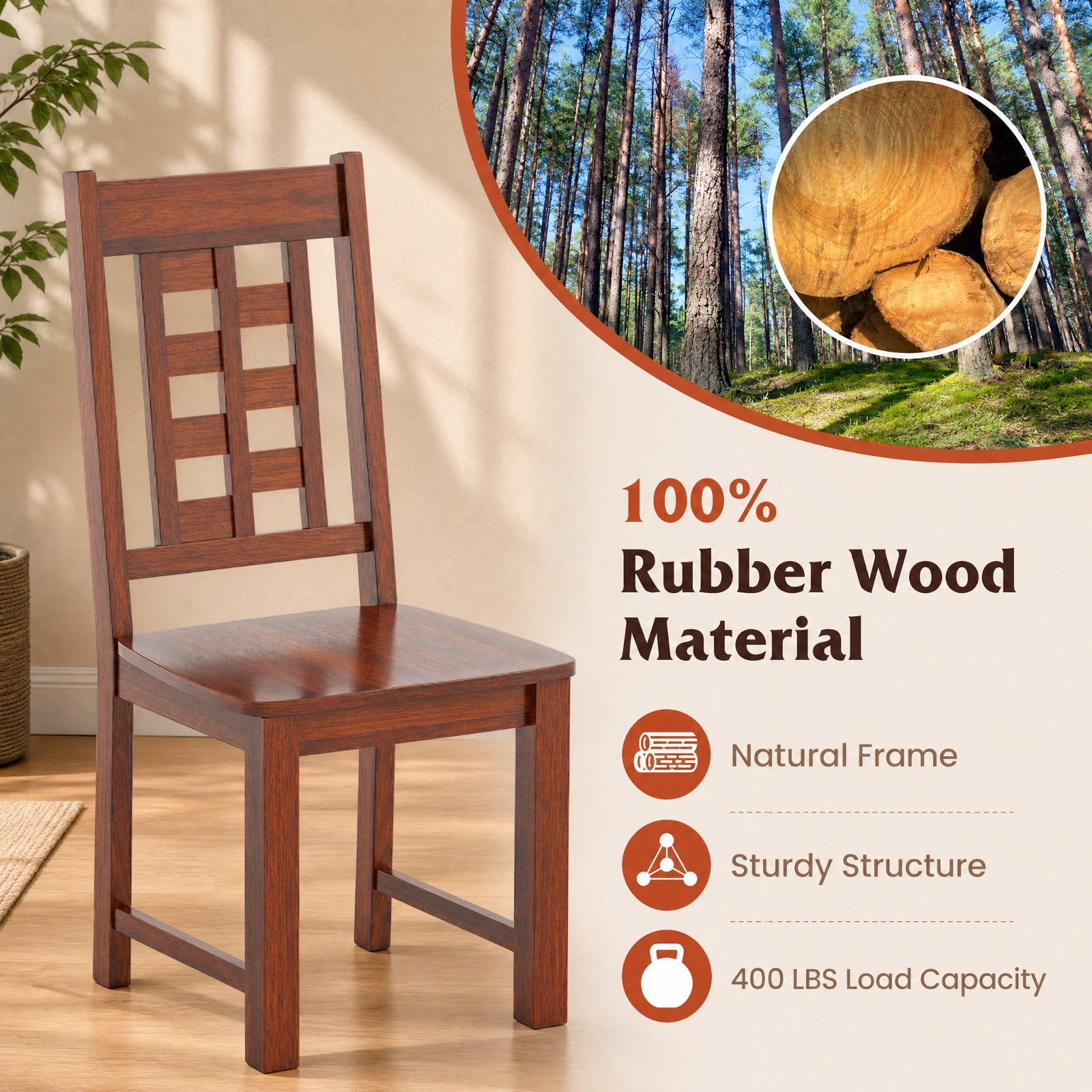 Furnibear Wooden Dining Chairs Set of 2 Kitchen Chair with Solid Rubber Wood Frame and Curved Back for Dining Room, Walnut