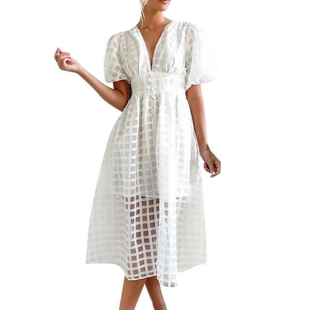 Ketyyh-chn99 Robe Formelle pour Femme Femme Élégante Grande Taille Décontractée Robe de Plage Manches à Volants à Étages Évasée Mini Robe Blanc,m
