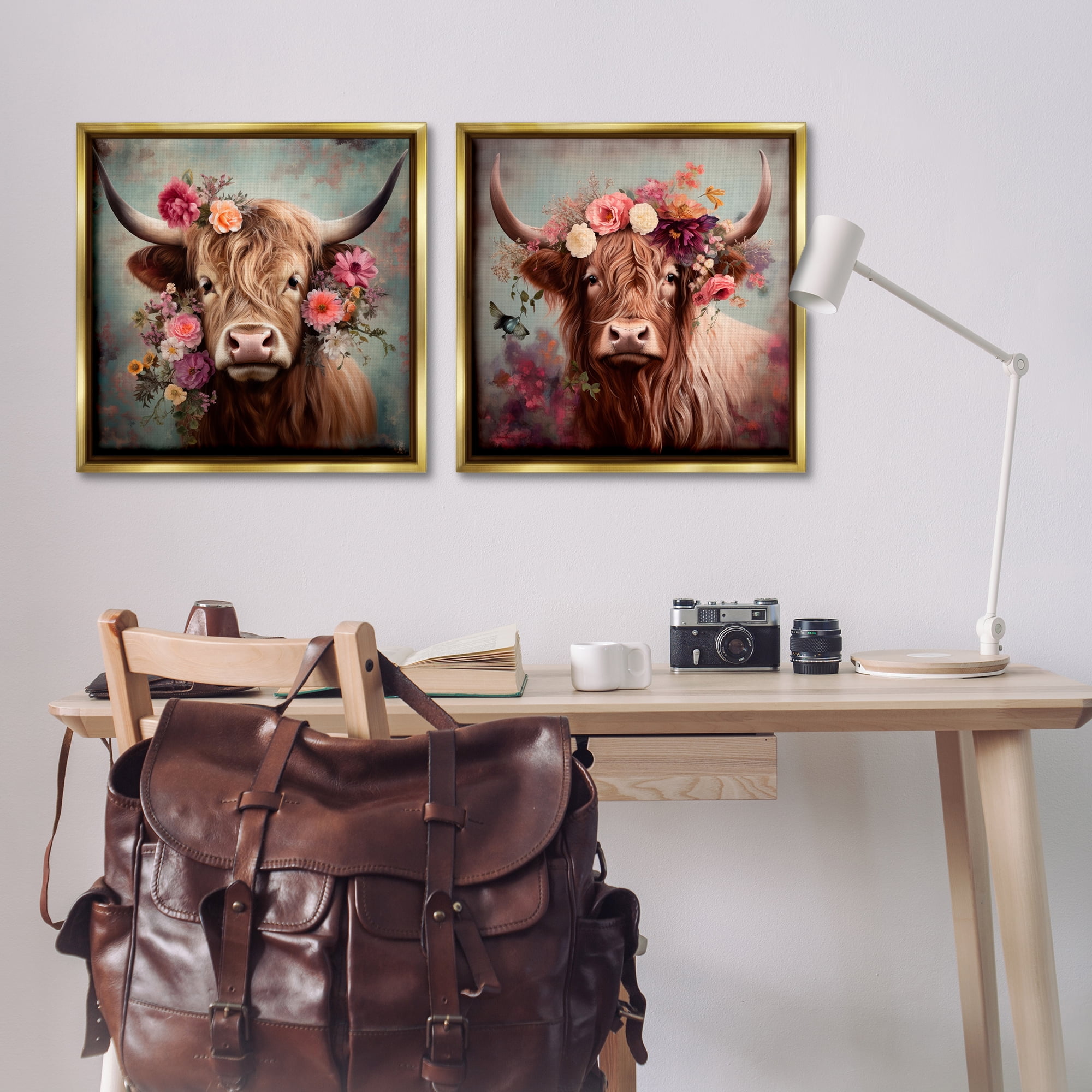 Stupell Industries Highland Cow Field Flower Crown Animals Painting Gold Floater Framed Canvas Art Print Wall Art, 25 x 25, Set of 2