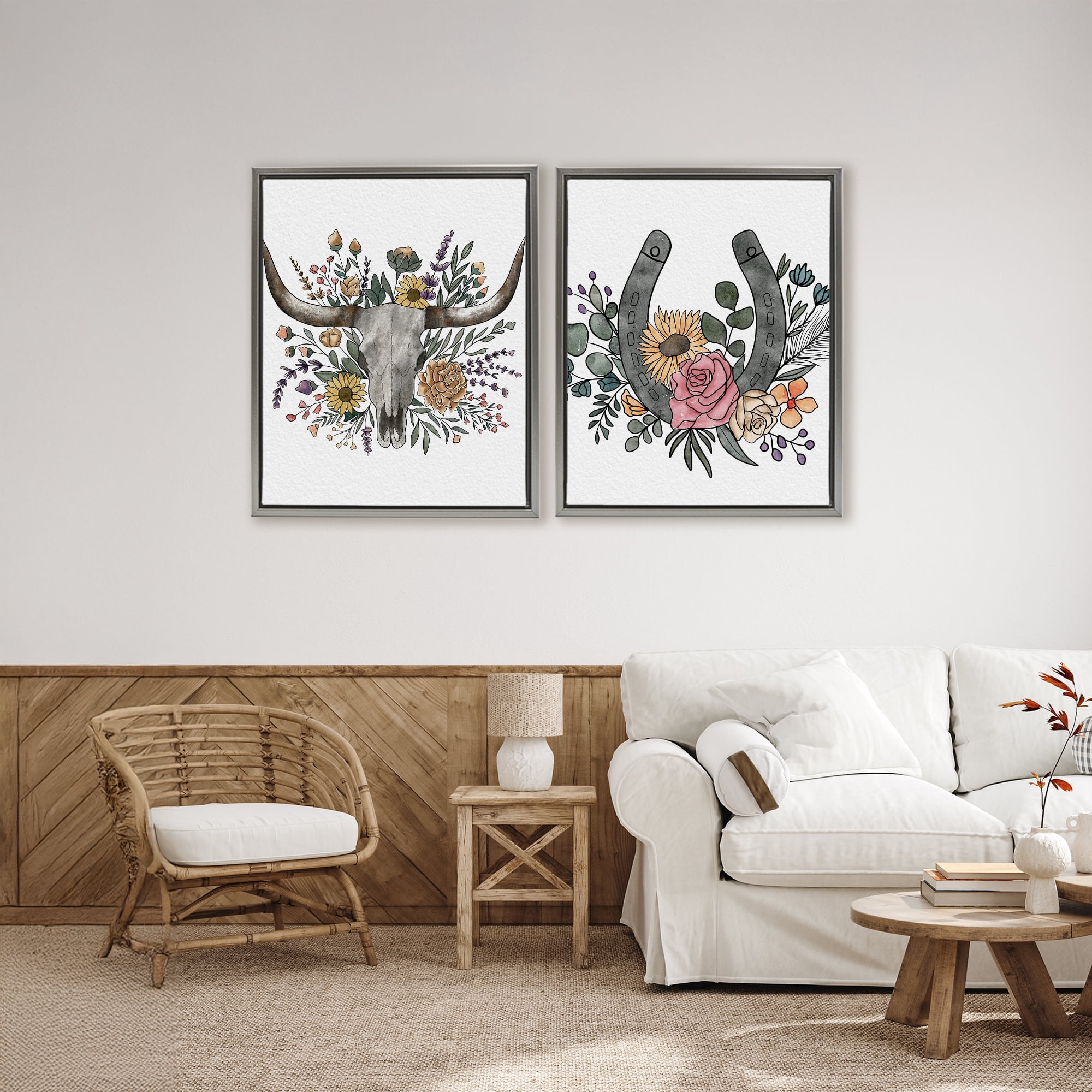 Stupell Industries Boho Longhorn & Horseshoe 2 Piece Gray Framed Floater Canvas Set, design by Alisha Kiara Design