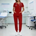 thumbnail image 4 of YgkuHd Women's Casual Solid Color Scrubs Set – Loose Fit V-Neck Short Sleeve Top with Side Slits & Pockets, Jogger Drawstring Pants, Healthcare Nursing Uniform, Sizes S-XXL,Red_XXL, 4 of 9