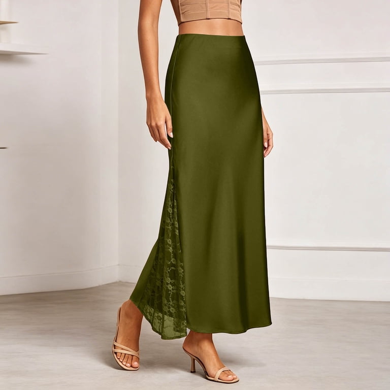 Kang Fashion Womens High Waist Elastic Side Lace Bodycon Midi Skirt Long Pencil Dress Green M, Women's, Size: Medium