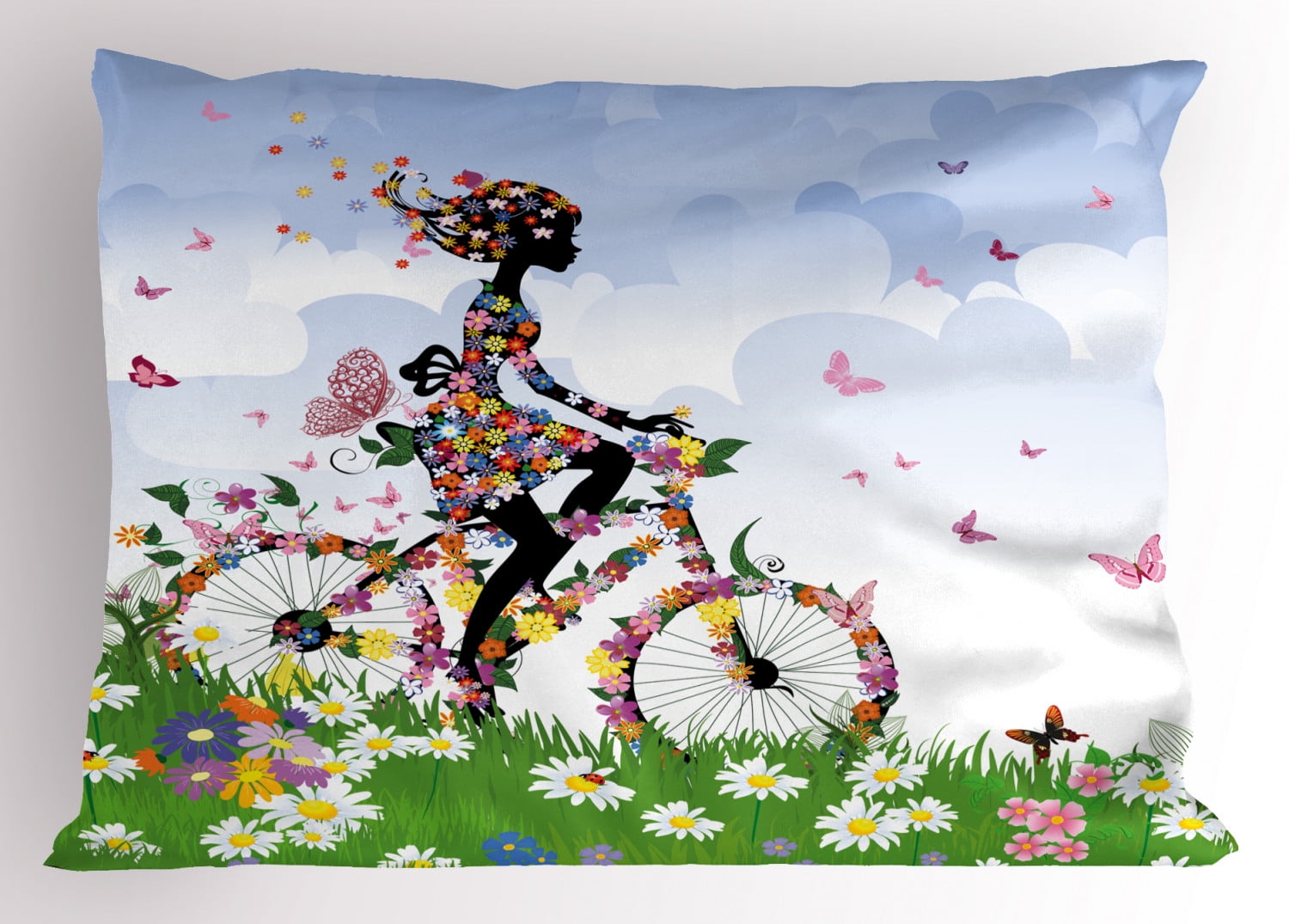Outdoor Pillow Sham Woman Riding Vintage Romantic Bike With Spring