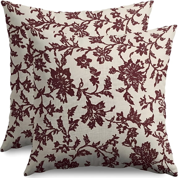 AUQ 2026 New Burgundy Floral Block Print Pillow Covers 18X18 Set of 2 Rustic Old Style Modern Vintage Flower Pattern Cream Decorative Throw Pillow Cases Outdoor Farmhouse Decoration for Couch Bed