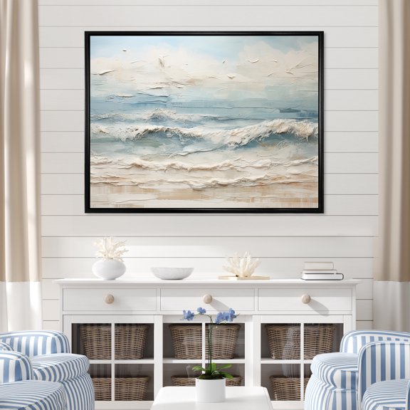 Designart "Taupe And Azure Seaside Artwork" Beach Floater Framed Wall Art Prints