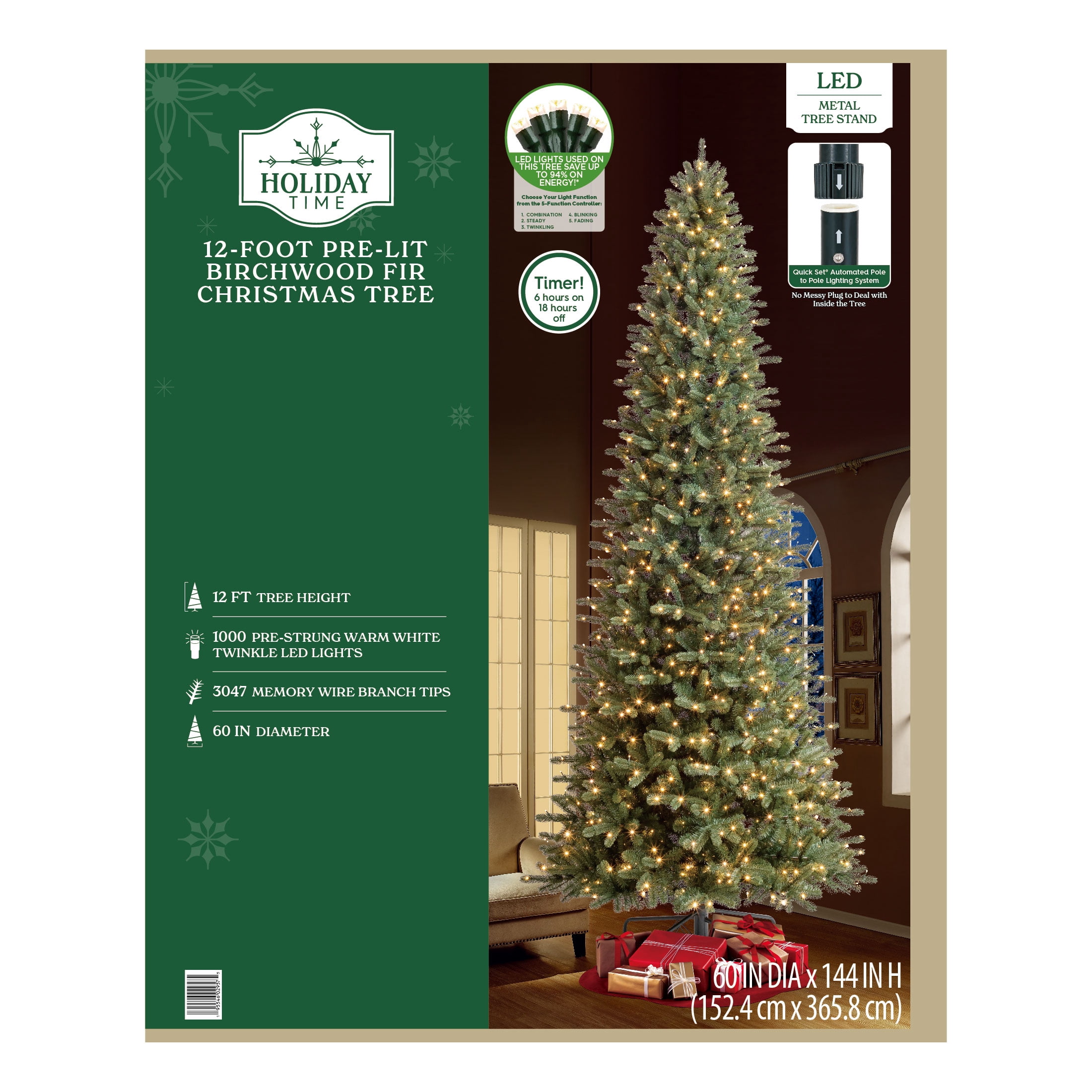 12' Birchwood Fir Prelit Green Artificial Christmas Tree with Warm White Twinkle LED Lights and Quick Set, by Holiday Time