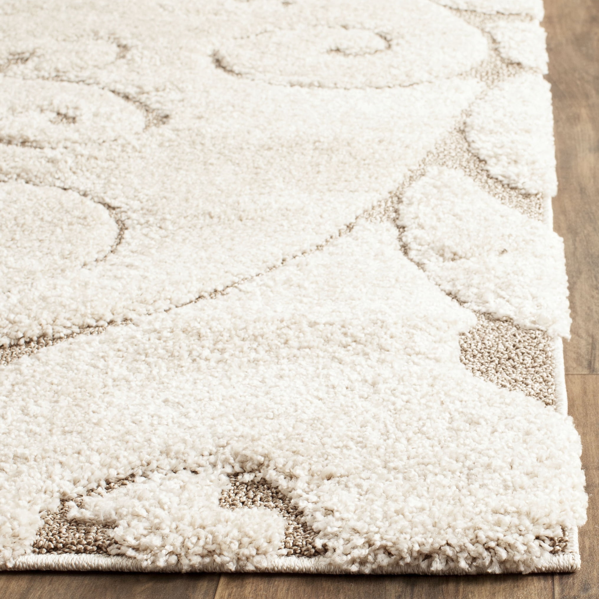 SAFAVIEH Florida Doug Floral Vines Geometric Shag Area Rug, Cream/Beige, 8' x 8' Square - Transitional Modern Design, Cream & Beige, Non-Shedding & Easy Cleaning, Ultra Plush Thick Pile, Ideal for Li