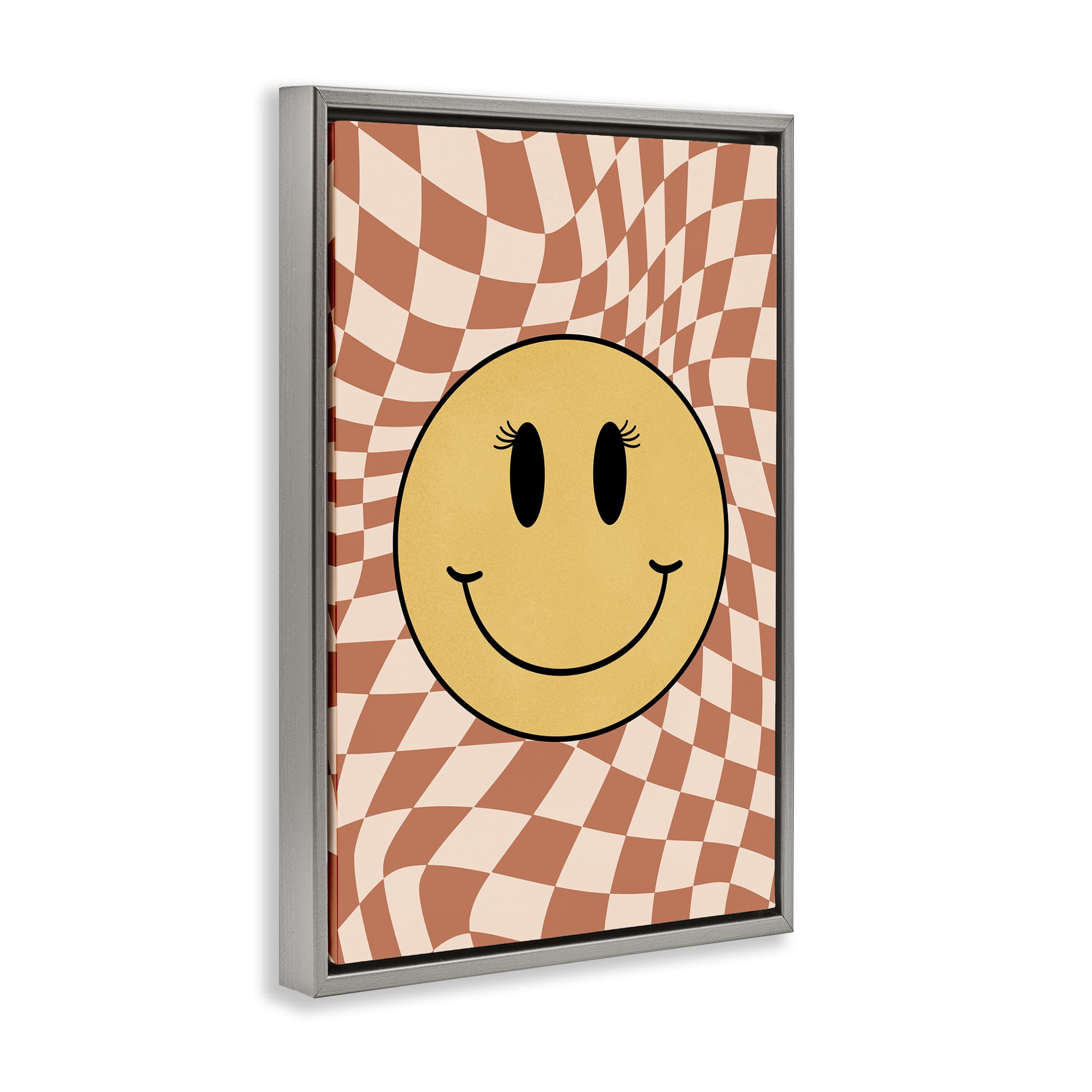 Stupell Industries Retro Checkered Smiley Novelty & Humor Painting Gray Floater Framed Canvas Art Print Wall Art, 17 x 25