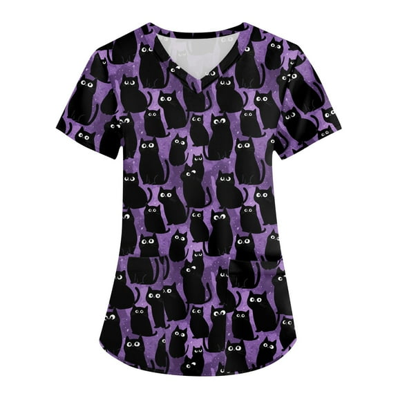 HaHaHappy Scrubs for Women Halloween Plus Size V Neck Spooky Black Cat Printed Horror Scrub Tops Funny Short Sleeve Scrub Shirts Nurse Workwear Holiday Nursing Uniform with Pockets Black 2XL
