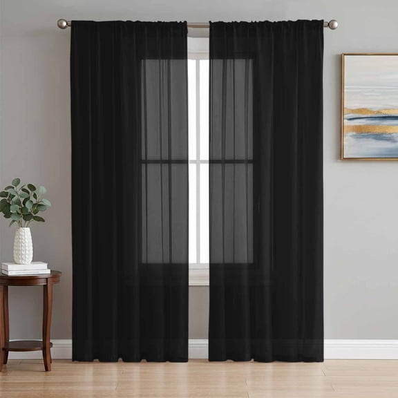 Sheer Curtains 72 Inches Long 2 Panels Set for Bedroom, Black Semi Sheer Curtains for Windows, Solid Color Farmhouse Black Voile Window Treatments Rod Pocket Curtain