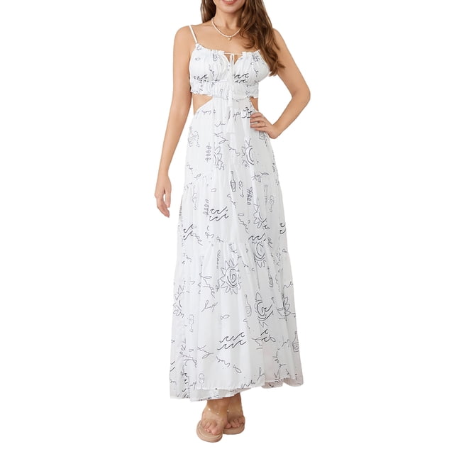 SUNSIOM Robe Nuisette d'Été pour Femme, Imprimé Graphique, Bretelles Spaghetti, Dos à Nouer, Coupe Évasée, Longue, pour la Plage