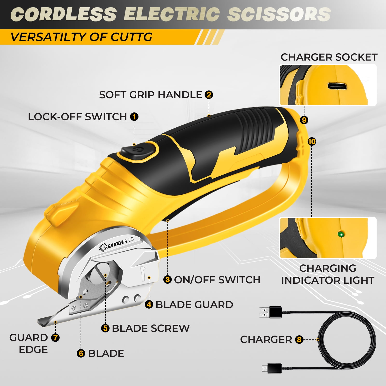 Saker 4V Cordless Electric Scissors, Cardboard Cutter with Safety Lock, LED Light, 220RPM Rotary Cutter for Cardboard, Fabric, Box, Leather, Yellow