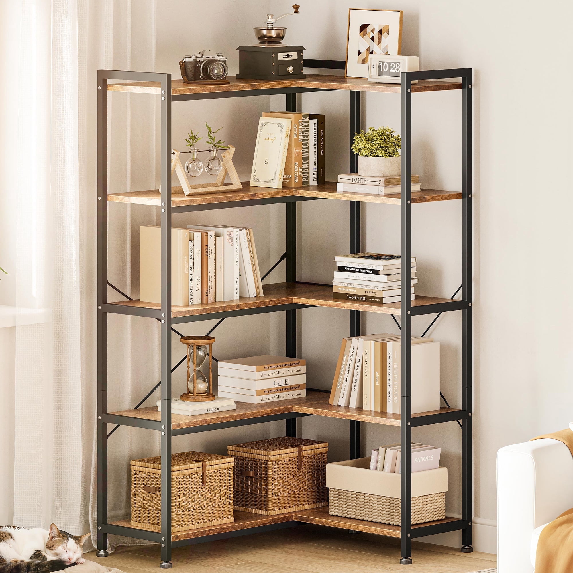 57 inch L Shaped Corner Bookshelf, 5 Tier Reversible Industrial Bookcase with Open Storage Shelves, Metal Frame Display Rack for Home Office, Living Room, Bedroom, Kitchen, Vintage