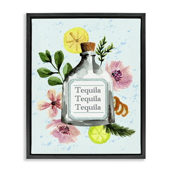 Stupell Industries Floral Tequila Bottle Food & Beverage Painting Black Floater Framed Canvas Art Print Wall Art, 17 x 21