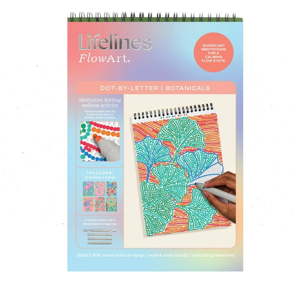 Lifelines FlowArt Dot-by-Letter Activity Pad, Guided Dot Art Meditations with 4 Double-Sided Markers, Botanicals Scenes, 20 Pages