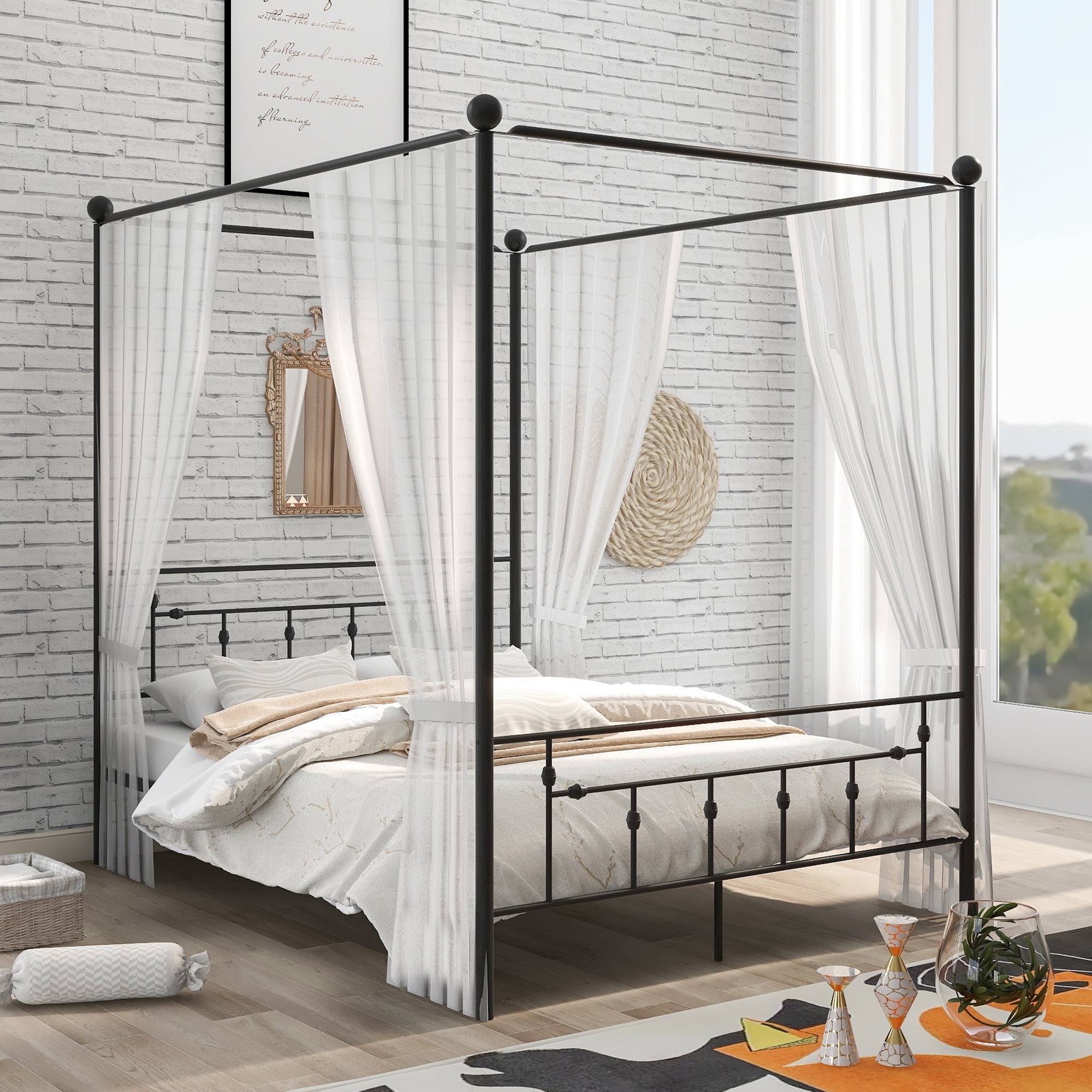 Queen Canopy Metal Bed Frame Upholstered Four-poster Steel Foundation Platform 