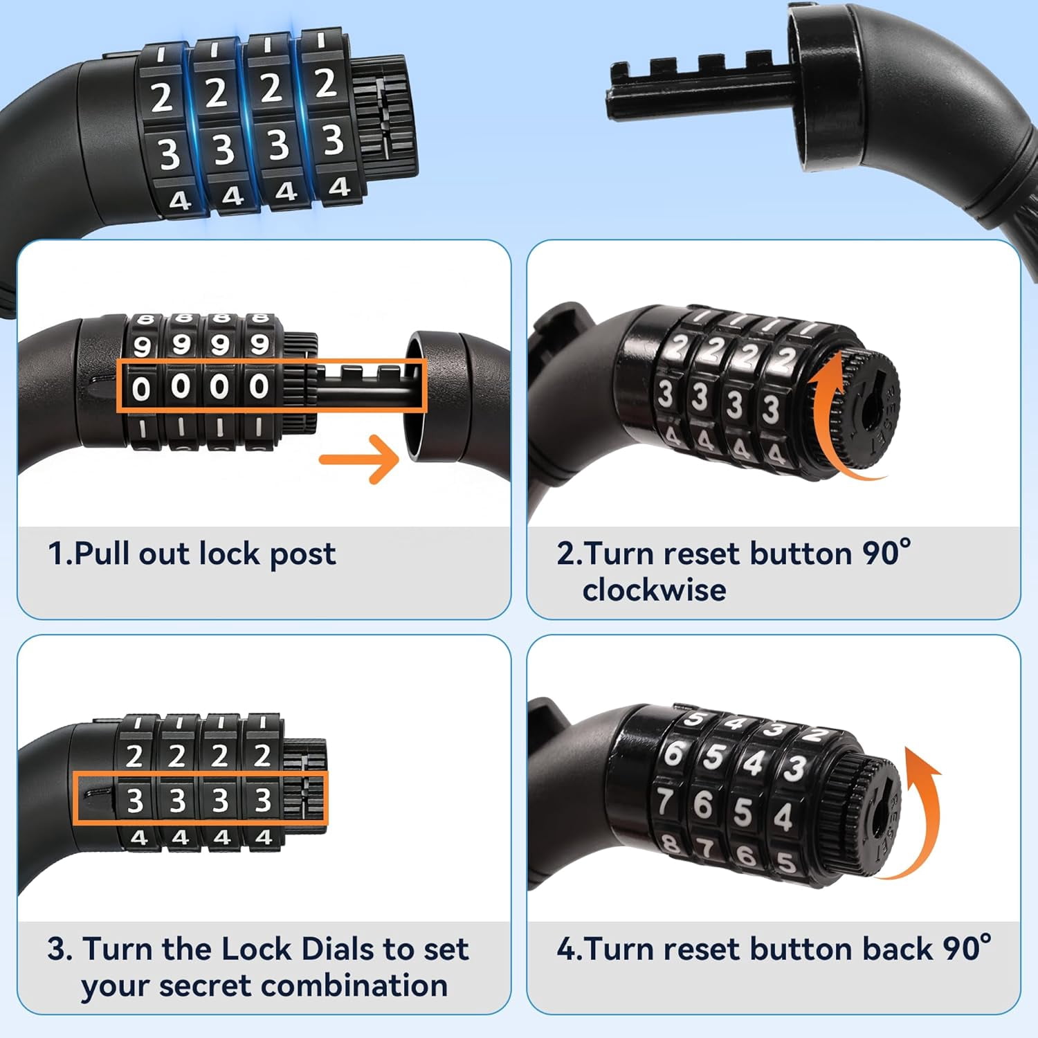5 ft Bicycle Cable Lock, 1/2 Inch Steel Combination Bike Lock with 4 Digit Resettable Code for Scooter E-Bike Outdoor Use