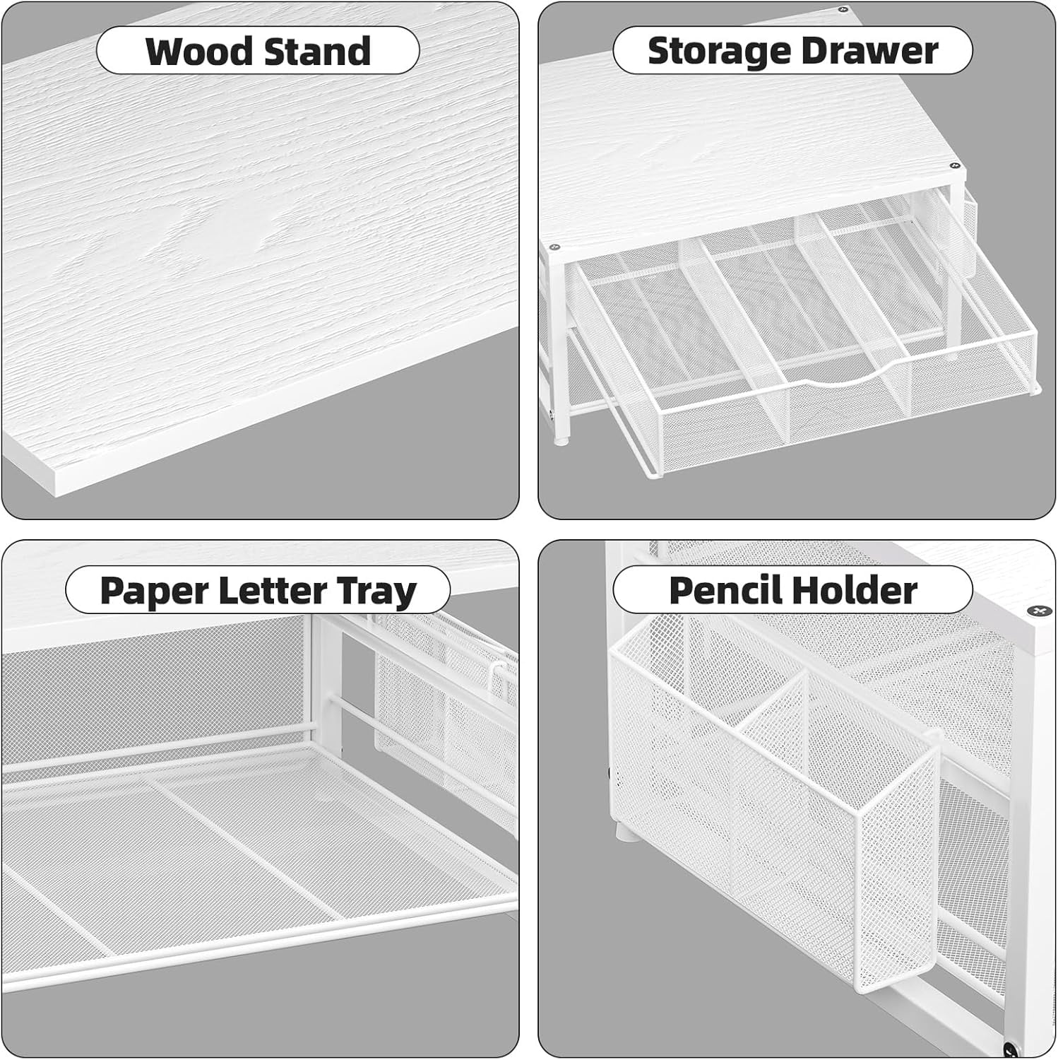 Wood Printer Stand for Desk, 2-Tier Desktop Printer Table for Home Office, Printer Stand with Storage Drawer 2 Pen Holders, Multi-Purpose Desk Organizer for Fax Machine Scanner(Wood White)
