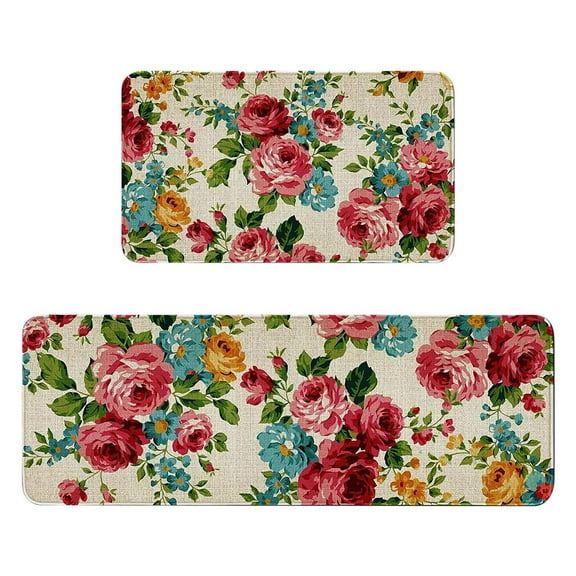 RGASUIJ Kitchen Mats For Floor Set Of 2 Pieces Kitchen Rugs And Mats Non Washable Kitchen Floor Mat(17" Wx30 L 17" Wx 47" L Red Roses Floral) Concentrated Room