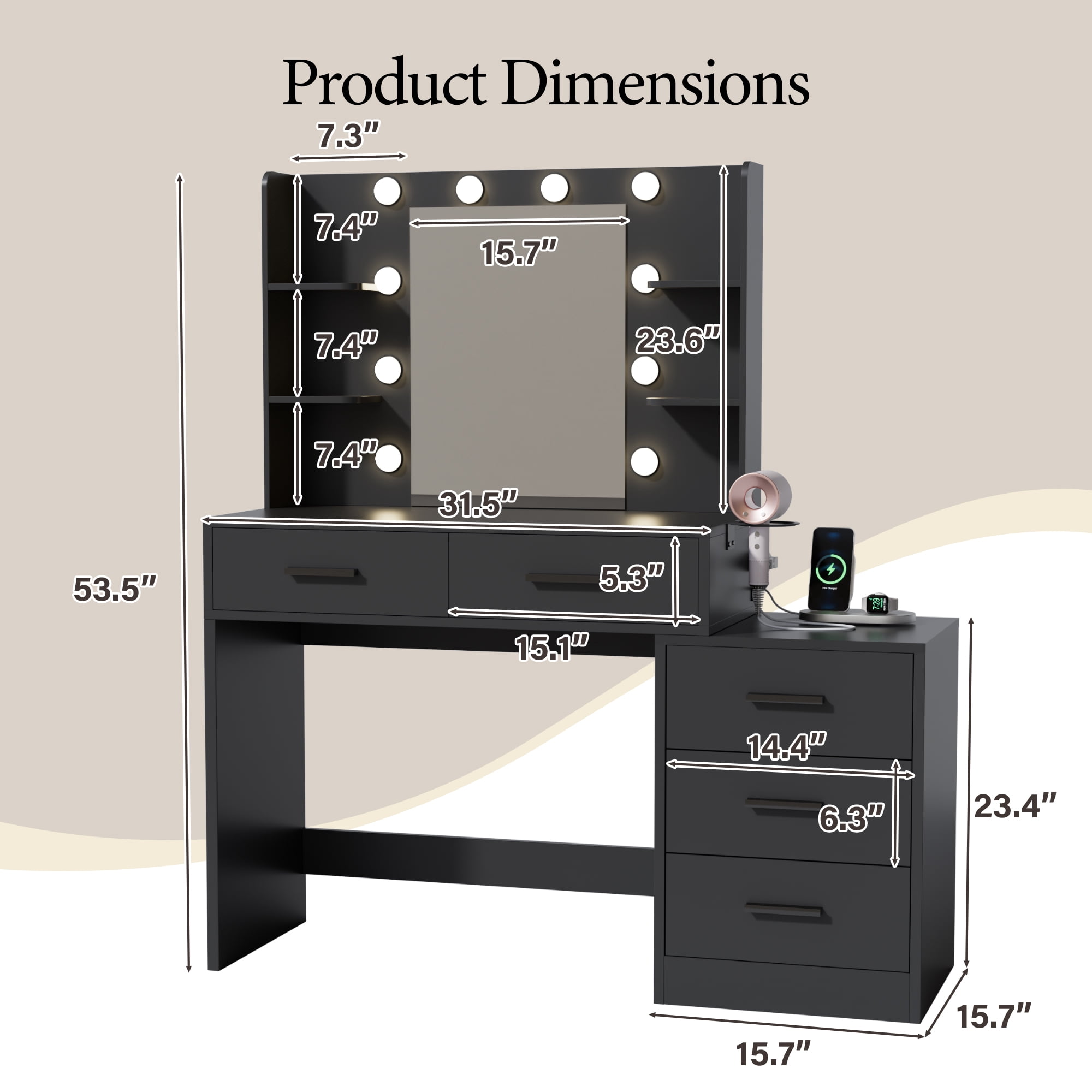 Homall Makeup Vanity Desk with LED Lights, Mirror & Power Outlet, Dressing Table with 4 Shelves and 5 Drawers, Vanity Set & Nightstand for Bedroom, Black