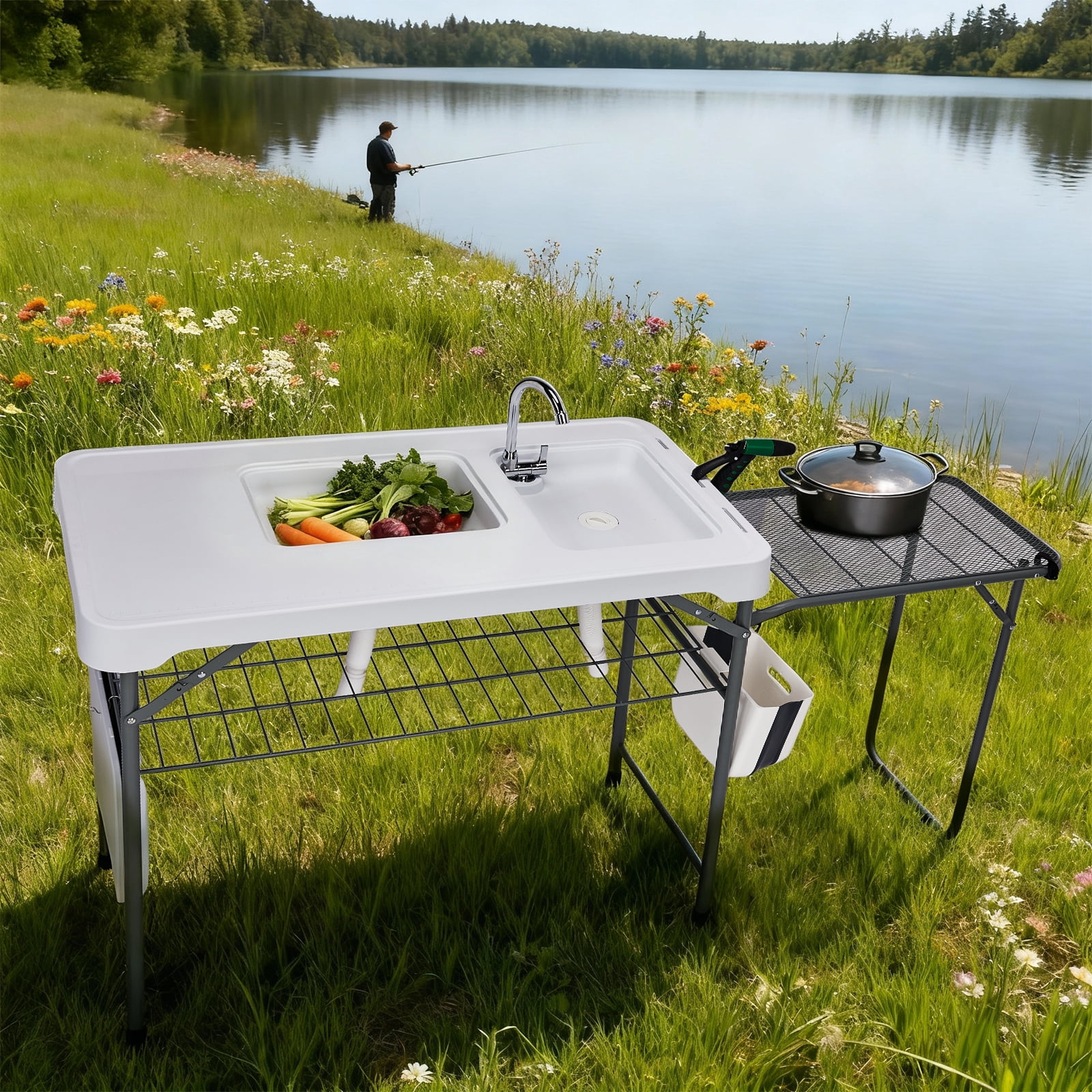 42.5" Fish Cleaning Table with Dual Sink, Portable Folding Camping Table with Foldable Extension Stand, Faucet, Sprayer, Grid Rack & Hose Hook Up, Outdoor Sink Station for Picnic