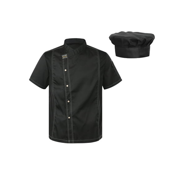 TiaoBug Mens Womens Kitchen Work Uniform Shirts Short Sleeve Chef Coat Restaurant Cook Jacket with Hat Black XL