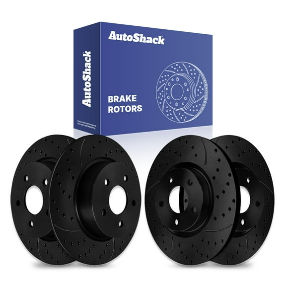 AutoShack Front Vented & Rear Solid Drilled & Slotted E-Coated Brake Rotors Black Finish 4-PC Set Replacement for 2013-2018 Ford C-Max NightGuard