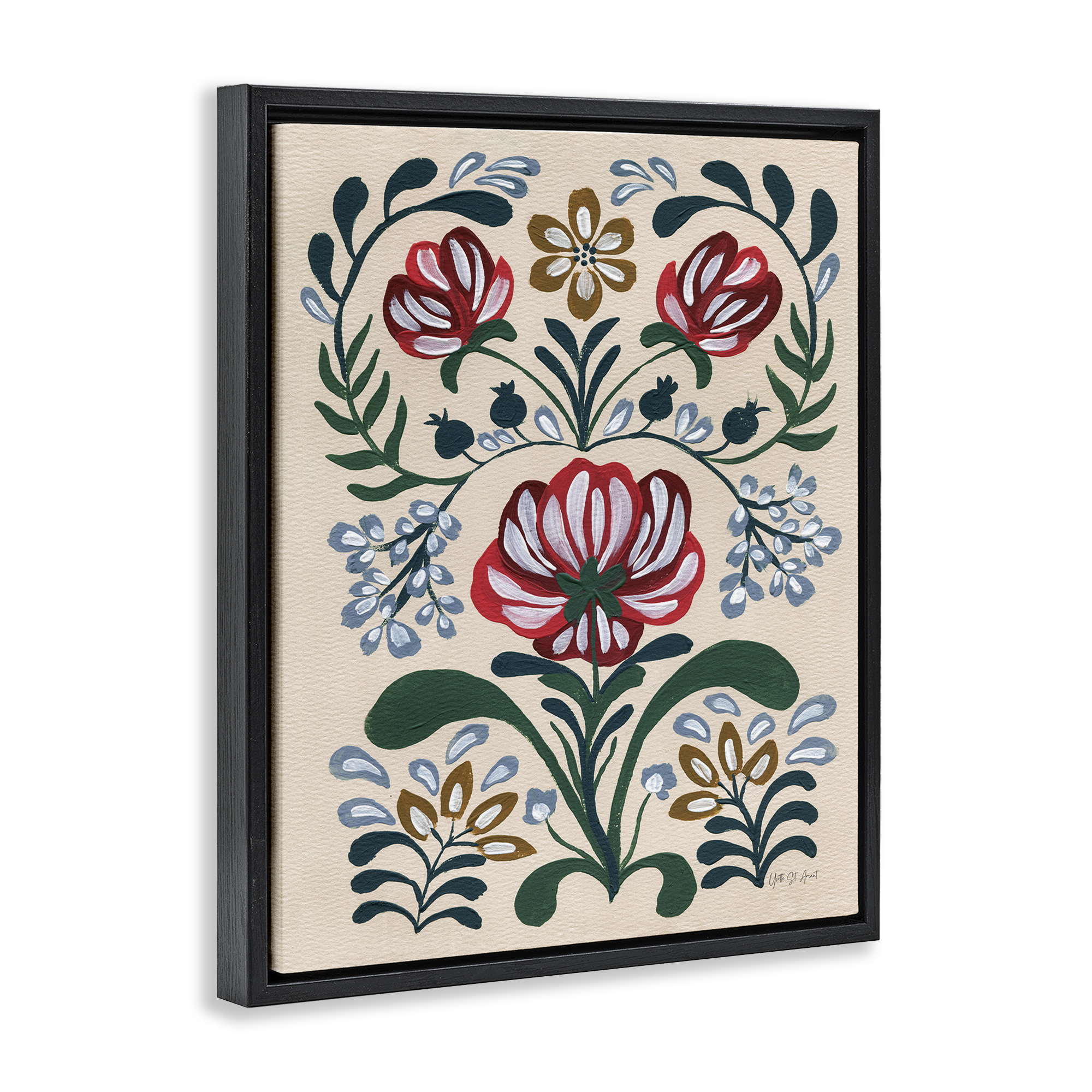 Stupell Industries Boho Folk Florals Botanical & Floral Painting Black Floater Framed Art Print Wall Art, 17 x 21