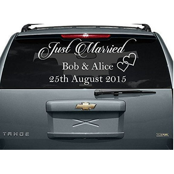 Just Married #2 (Custom Names and Date) Window Decal 12" x 28" (White)