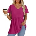 thumbnail image 3 of TQWQT Peplum Tops for Women Trendy Vneck Babydoll Short Sleeve Tunic Top Solid Color Flowy Shirt Puff Sleeve Blouses Beach Vacation Clothes Hot Pink XL, 3 of 5