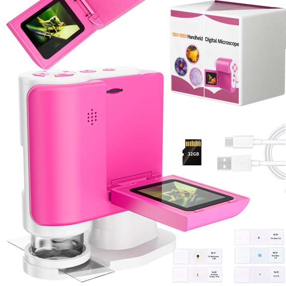 Microscope for Kids, 2‑inch Digital Microscope Camera, Handheld DV Microscope for Photo & Video Recording, 32GB Card, Educational Science Toy, Gift‑Ready Box, Pink