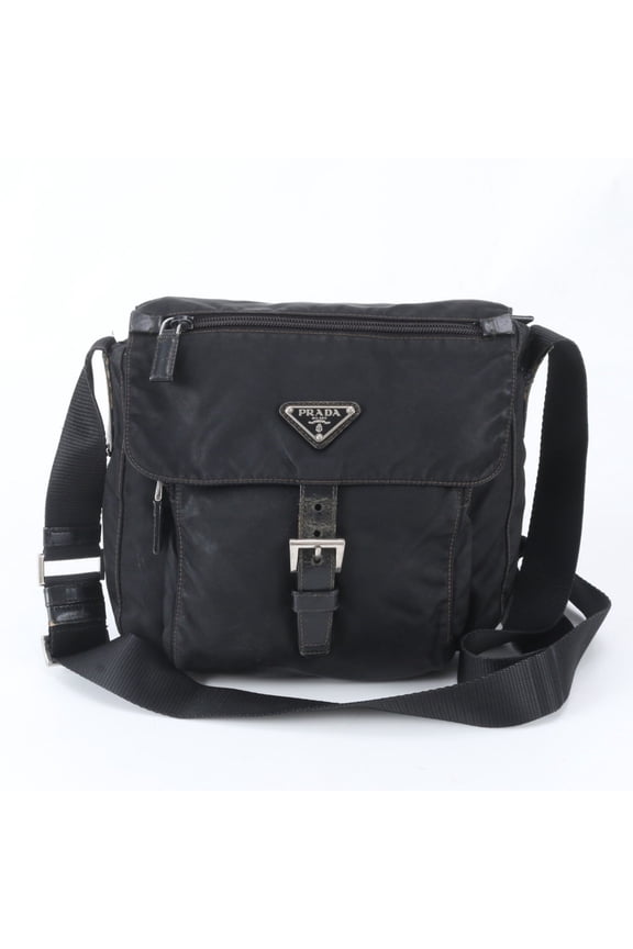 Pre-Owned Prada Tessuto Nylon Triangle Logo Leather Shoulder Bag Messenger Black Men's