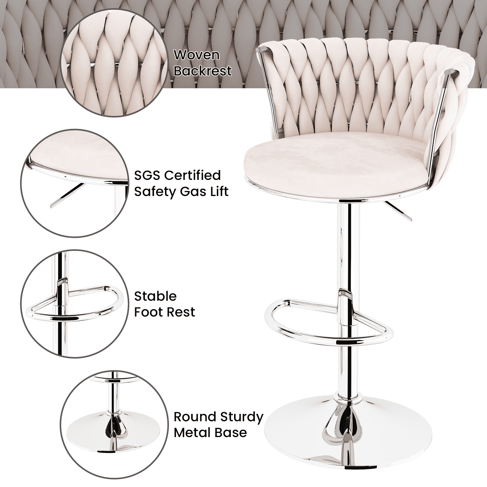 Baxluxe Velvet Bar Stools Set of 2, Swivel Counter Height Bar Chairs with Footrest, Metal Base Adjustable Pub Stools Island Chairs, High Stools Chairs for Kitchen Island, Pub, Restaurant, Beige