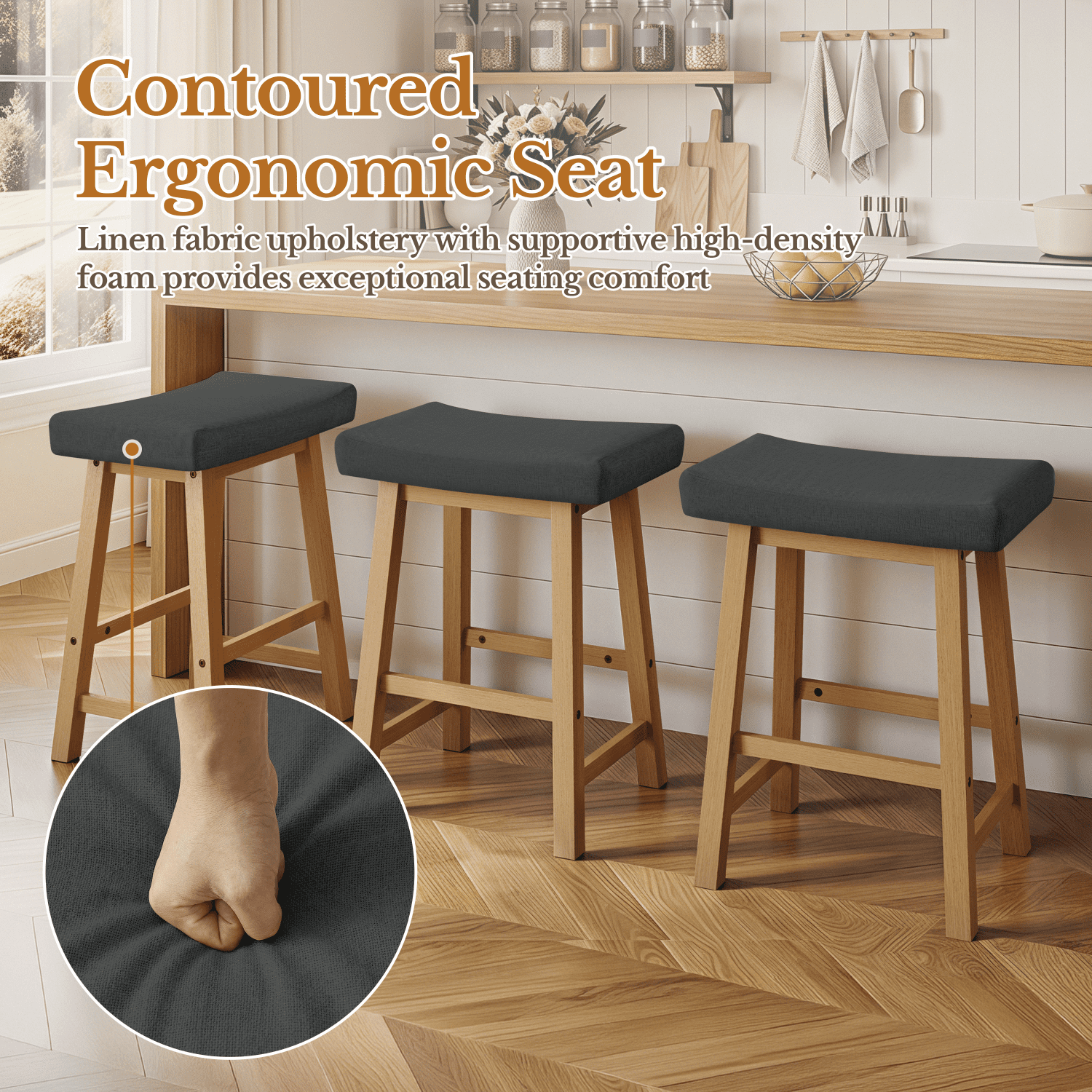 Alden Design Set of 3 Backless Saddle Stools with Upholstered Seat Cushion, Dark Grey