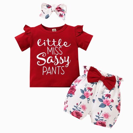 

EHTMSAK Toddler Baby Children Girl 3PCS Bow T Shirts and Floral Shorts Set Clothing Set Ruffle Outfits Short Sleeve Summer with Headband Wine 1Y-5Y 110