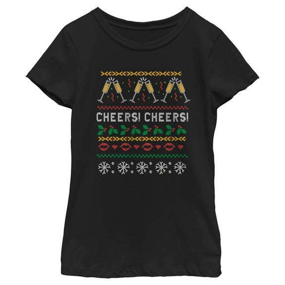 Girl's CHIN UP Ugly Christmas Cheers Graphic Tee Black Small
