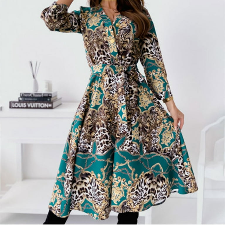 Fashion Women Buttons Bandage Casual Print Dress V Neck Long Sleeve Dress  Trendy Fitted Plus Size Fall Dresses 