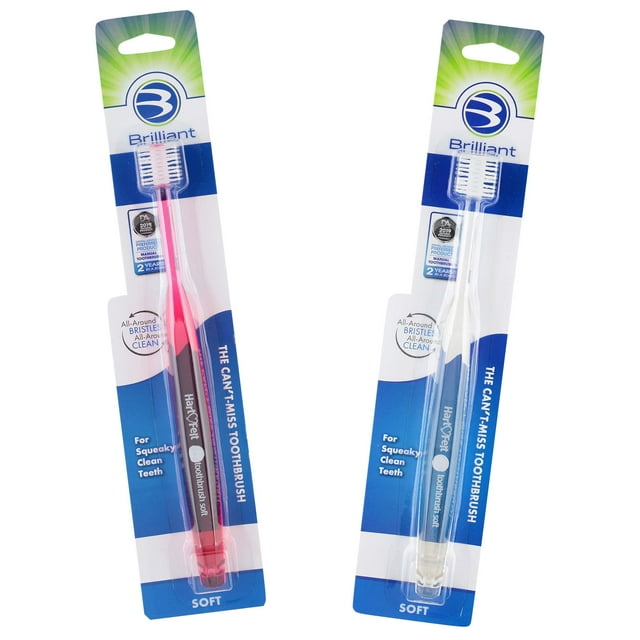 Brilliant Soft Toothbrush for Adults - with Over 14,000 360 Degree Micro-Fine, Rounded-Tip Bristles for Easy & Effective Cleaning, Red-Clear, 2 Count