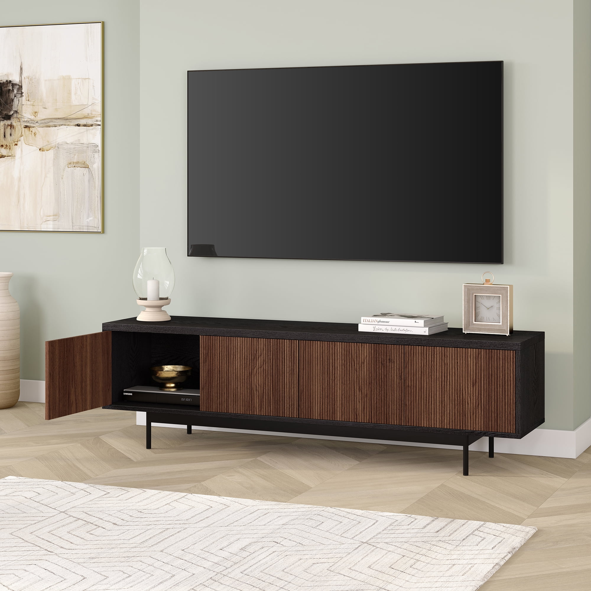 Evelyn&Zoe Whitman Transitional TV Stand For TVs up to 75", Black Grain with Satin Walnut